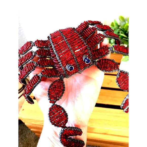 Grass Roots Beaded Handmade Wire Blue-Eyed Crab and Clam Shell with Tag Vintage - Picture 4 of 13